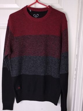 Color Block Point Zero Men's Red, Gray & Black Striped Crewneck Sweater. Large